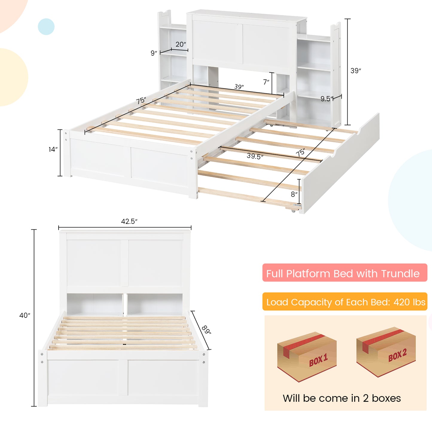 Twin/Full Kids Wooden Platform Bed with Trundle Storage Headboard-Twin Size Kids Crystal