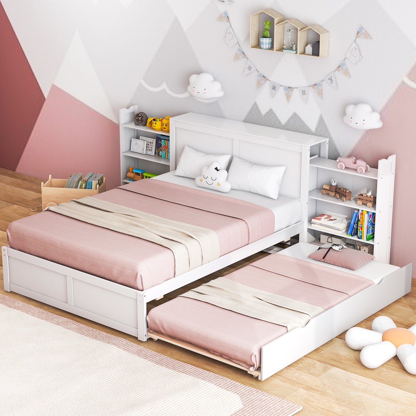 Twin/Full Kids Wooden Platform Bed with Trundle Storage Headboard-Full Size Kids Crystal