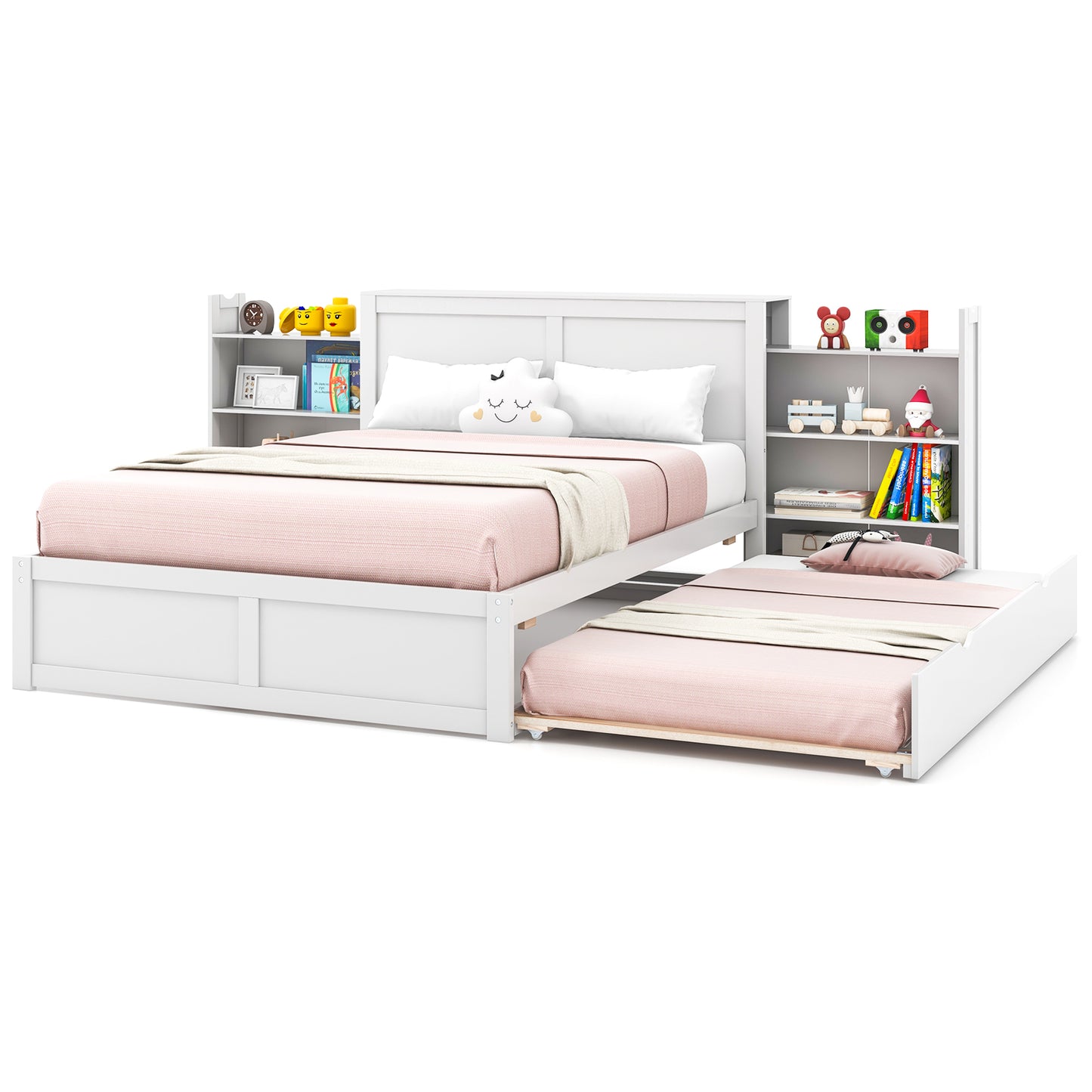 Twin/Full Kids Wooden Platform Bed with Trundle Storage Headboard-Full Size Kids Crystal