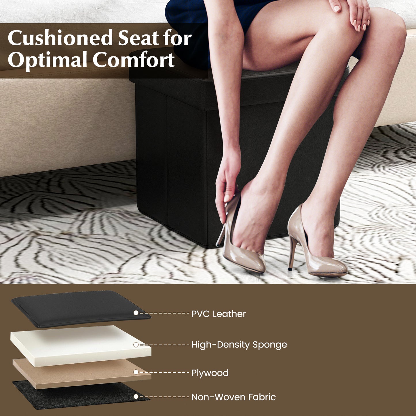 Upholstered Square Footstool with PVC Leather Surface for Bedroom-Black Kids Crystal
