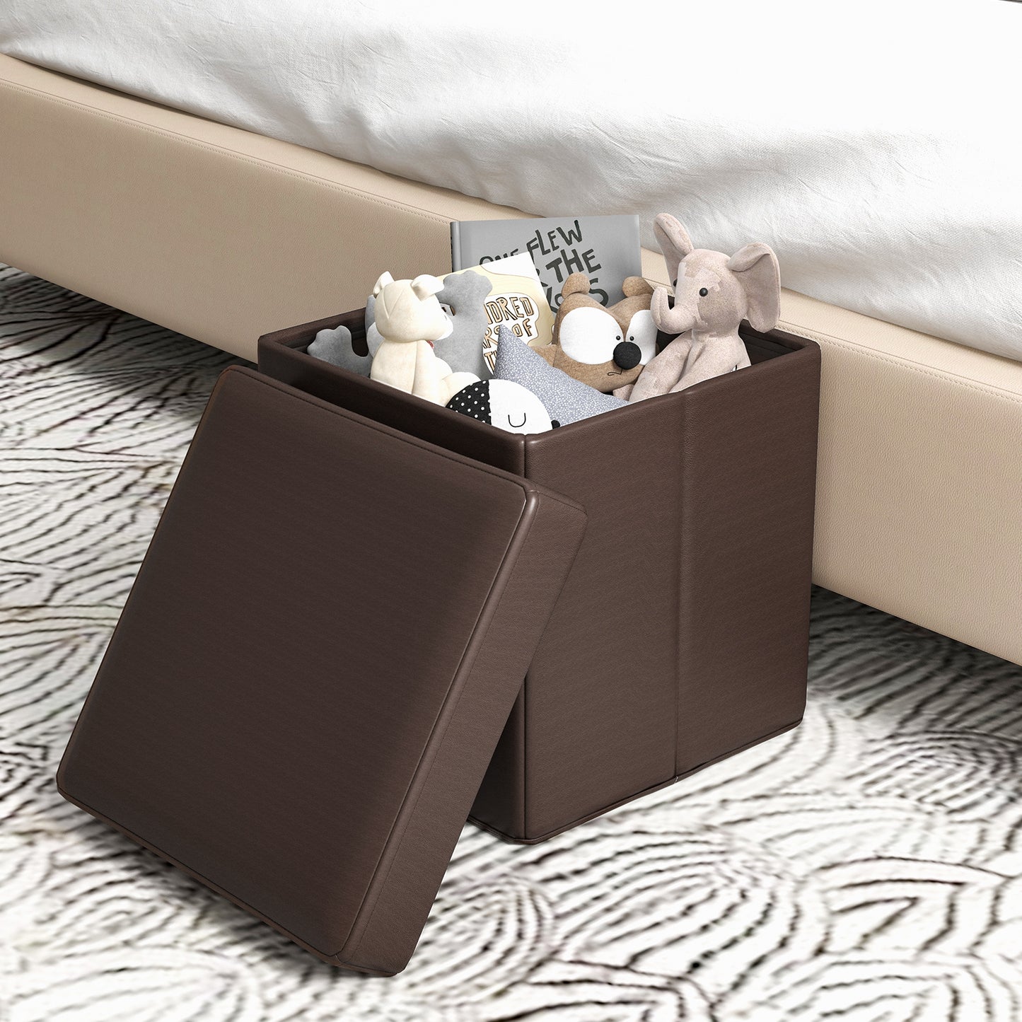 Upholstered Square Footstool with PVC Leather Surface for Bedroom-Brown Kids Crystal