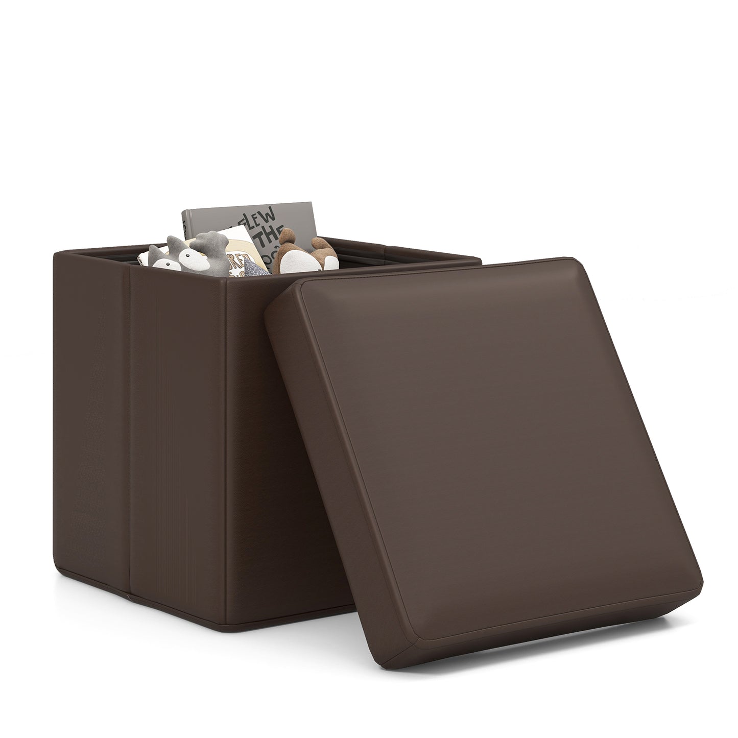 Upholstered Square Footstool with PVC Leather Surface for Bedroom-Brown Kids Crystal