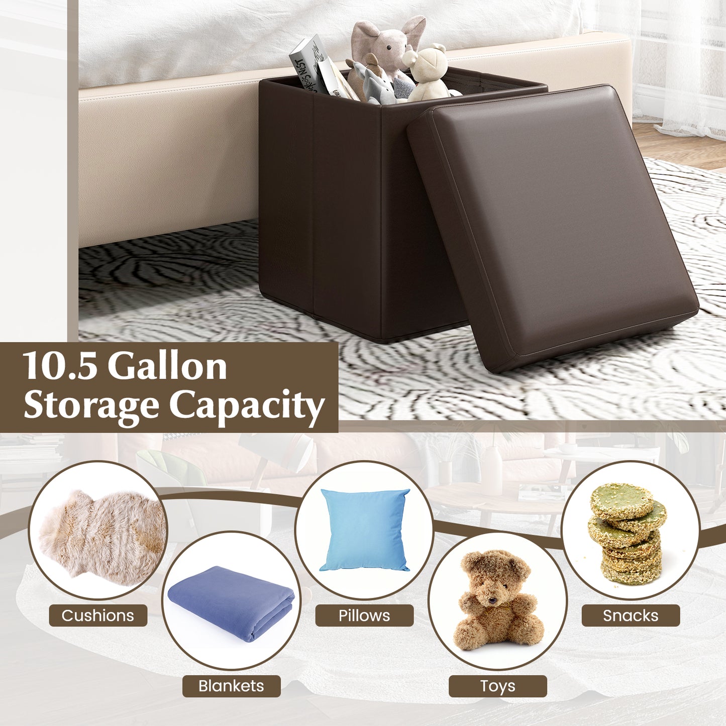 Upholstered Square Footstool with PVC Leather Surface for Bedroom-Brown Kids Crystal