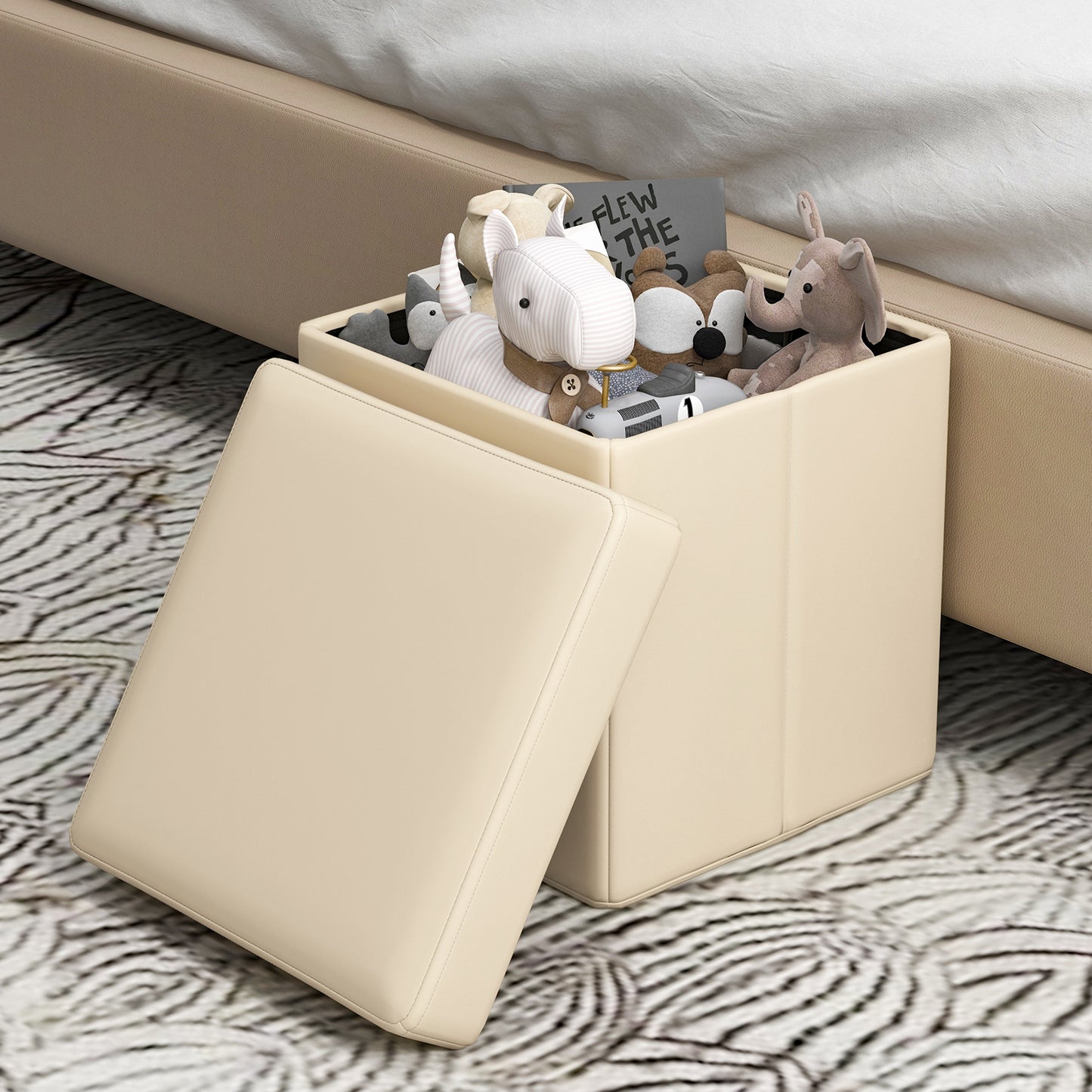 Upholstered Square Footstool with PVC Leather Surface for Bedroom-White Kids Crystal