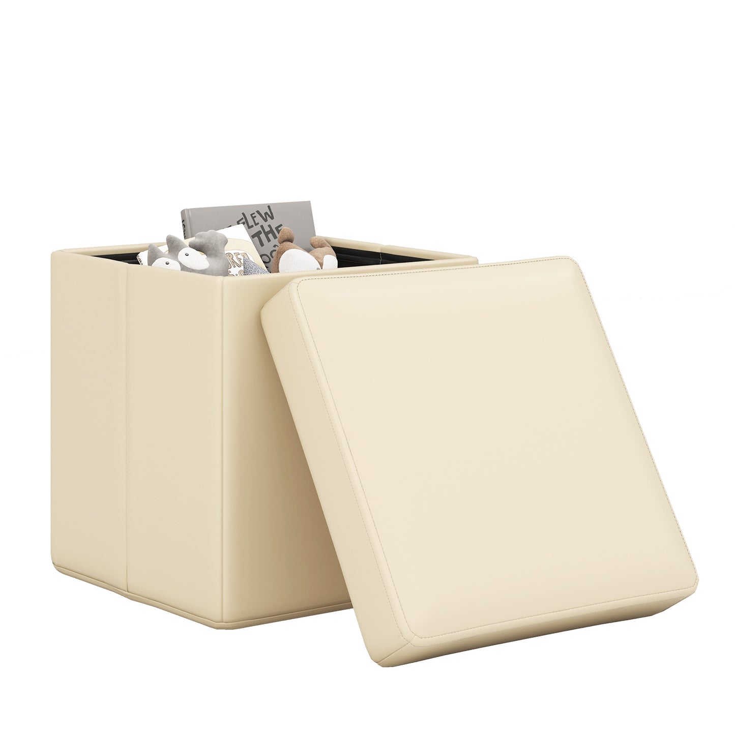 Upholstered Square Footstool with PVC Leather Surface for Bedroom-White Kids Crystal