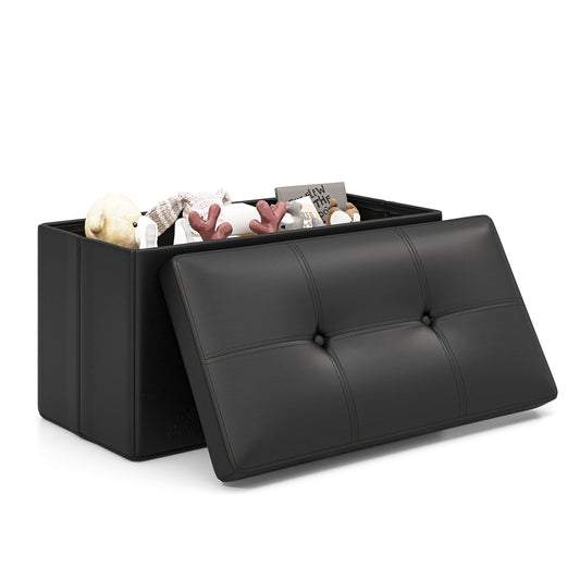 Upholstered Rectangle Footstool with PVC Leather Surface and Storage Function-Black Kids Crystal