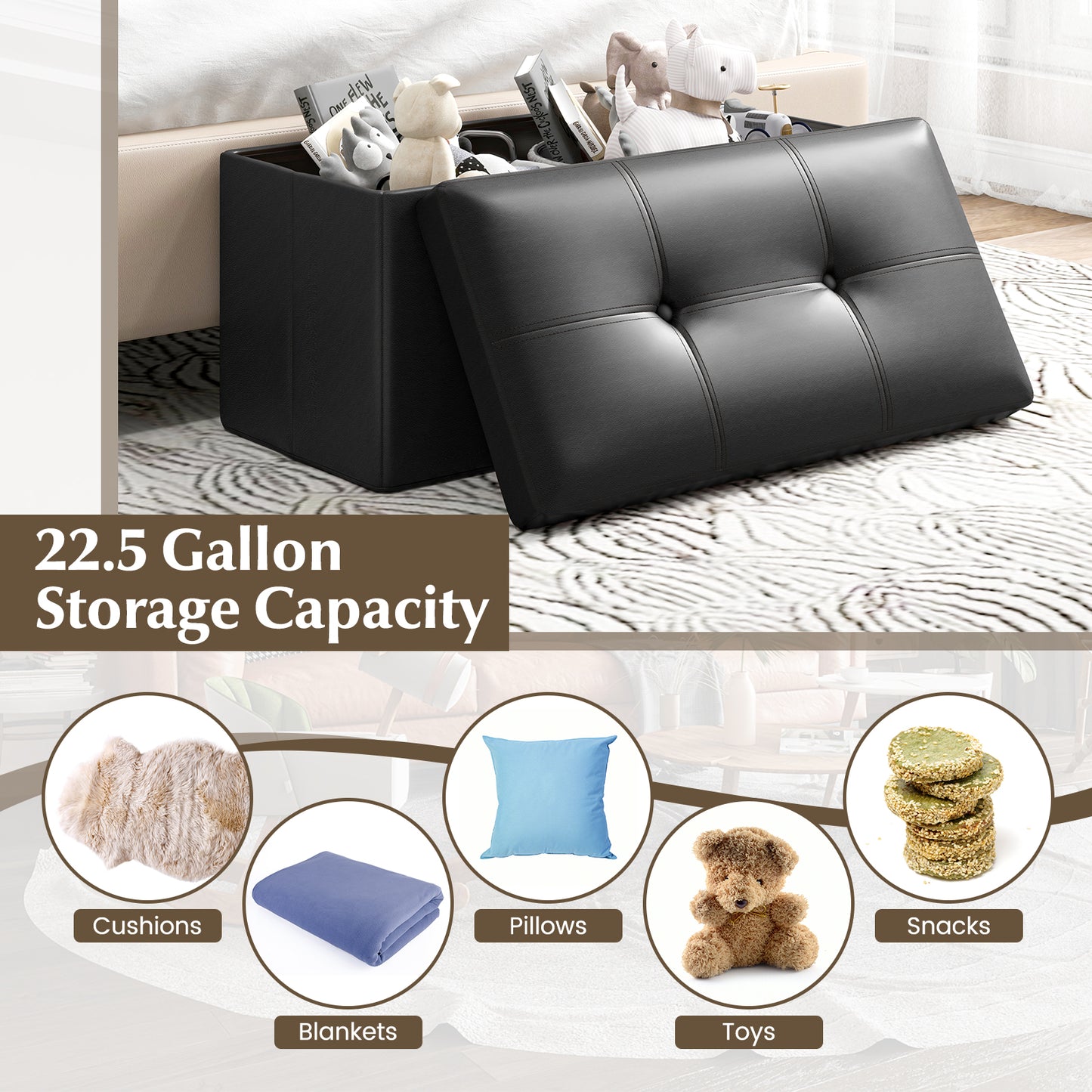 Upholstered Rectangle Footstool with PVC Leather Surface and Storage Function-Black Kids Crystal