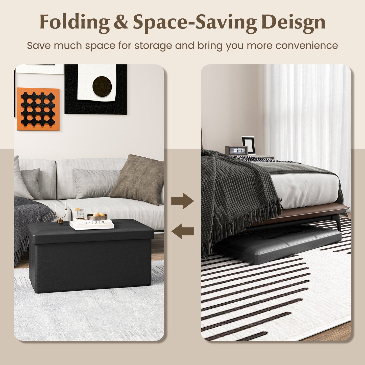 Upholstered Rectangle Footstool with PVC Leather Surface and Storage Function-Black Kids Crystal