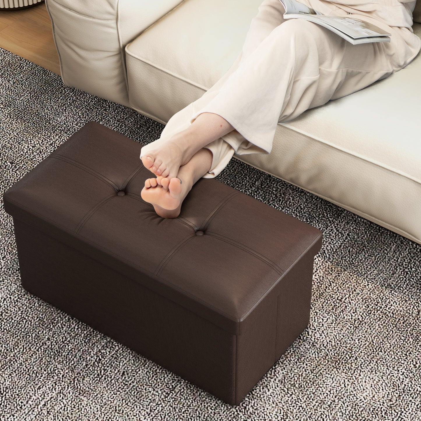 Upholstered Rectangle Footstool with PVC Leather Surface and Storage Function-Brown Kids Crystal