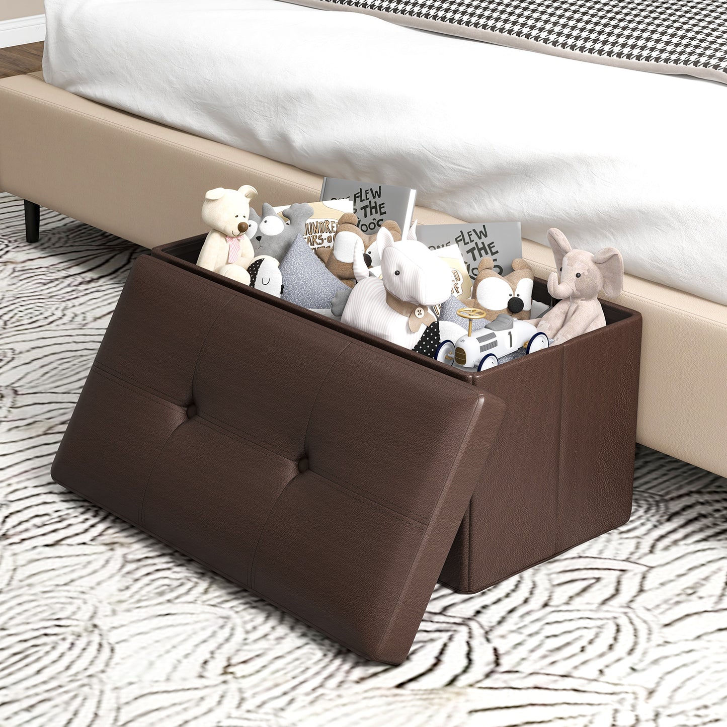 Upholstered Rectangle Footstool with PVC Leather Surface and Storage Function-Brown Kids Crystal