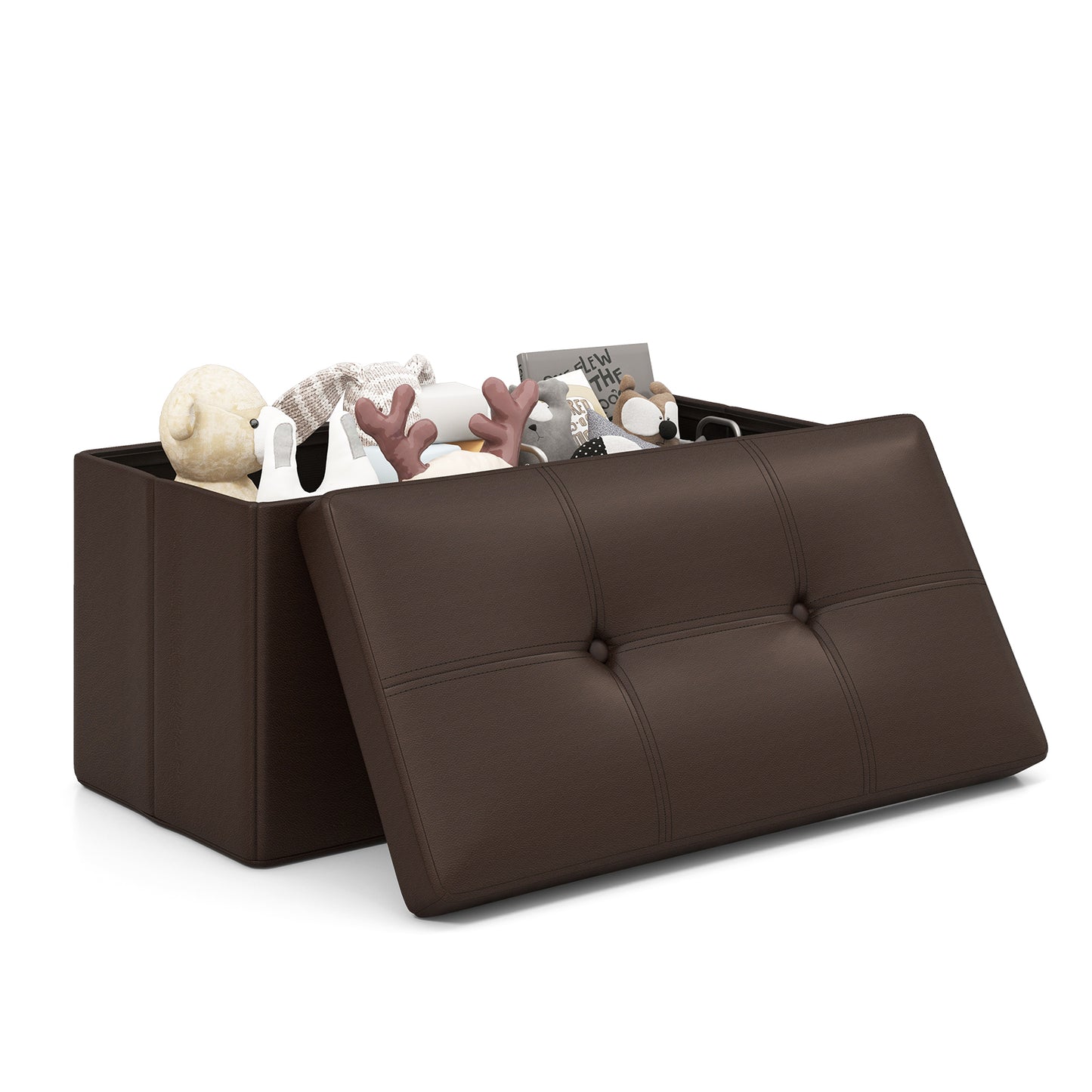 Upholstered Rectangle Footstool with PVC Leather Surface and Storage Function-Brown Kids Crystal