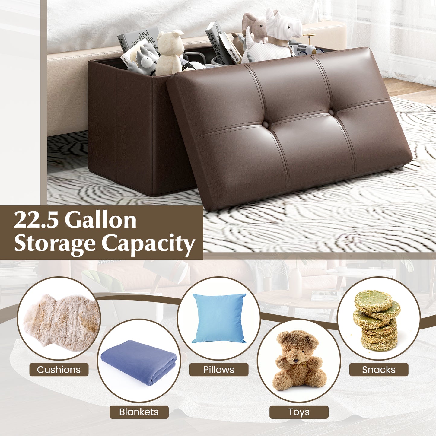 Upholstered Rectangle Footstool with PVC Leather Surface and Storage Function-Brown Kids Crystal