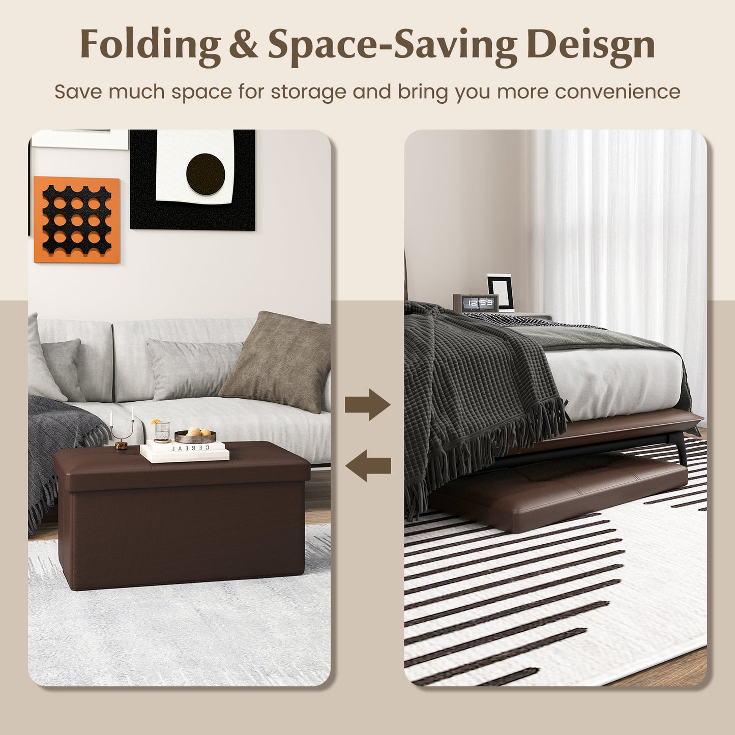 Upholstered Rectangle Footstool with PVC Leather Surface and Storage Function-Brown Kids Crystal