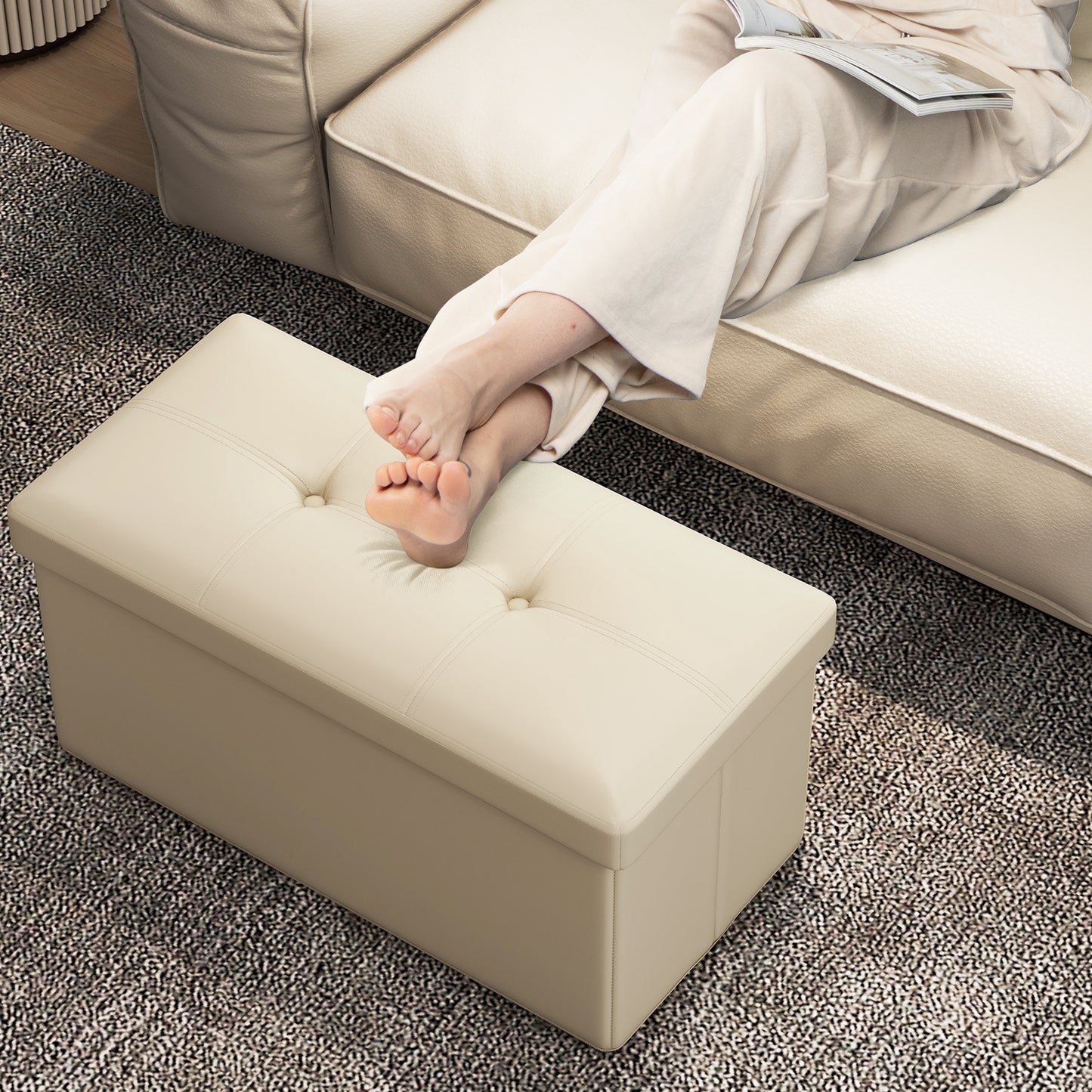 Upholstered Rectangle Footstool with PVC Leather Surface and Storage Function-White Kids Crystal