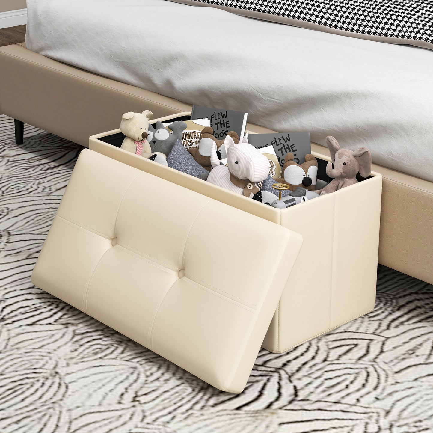 Upholstered Rectangle Footstool with PVC Leather Surface and Storage Function-White Kids Crystal