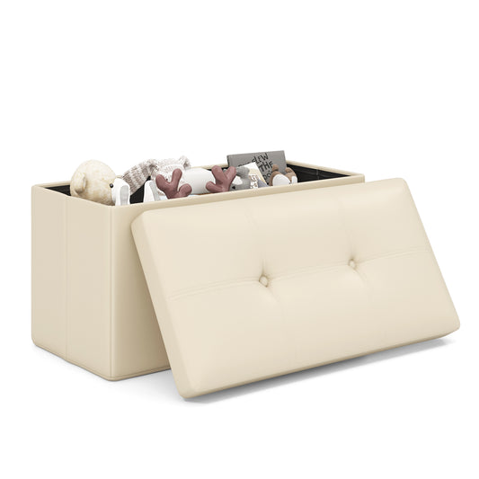 Upholstered Rectangle Footstool with PVC Leather Surface and Storage Function-White Kids Crystal