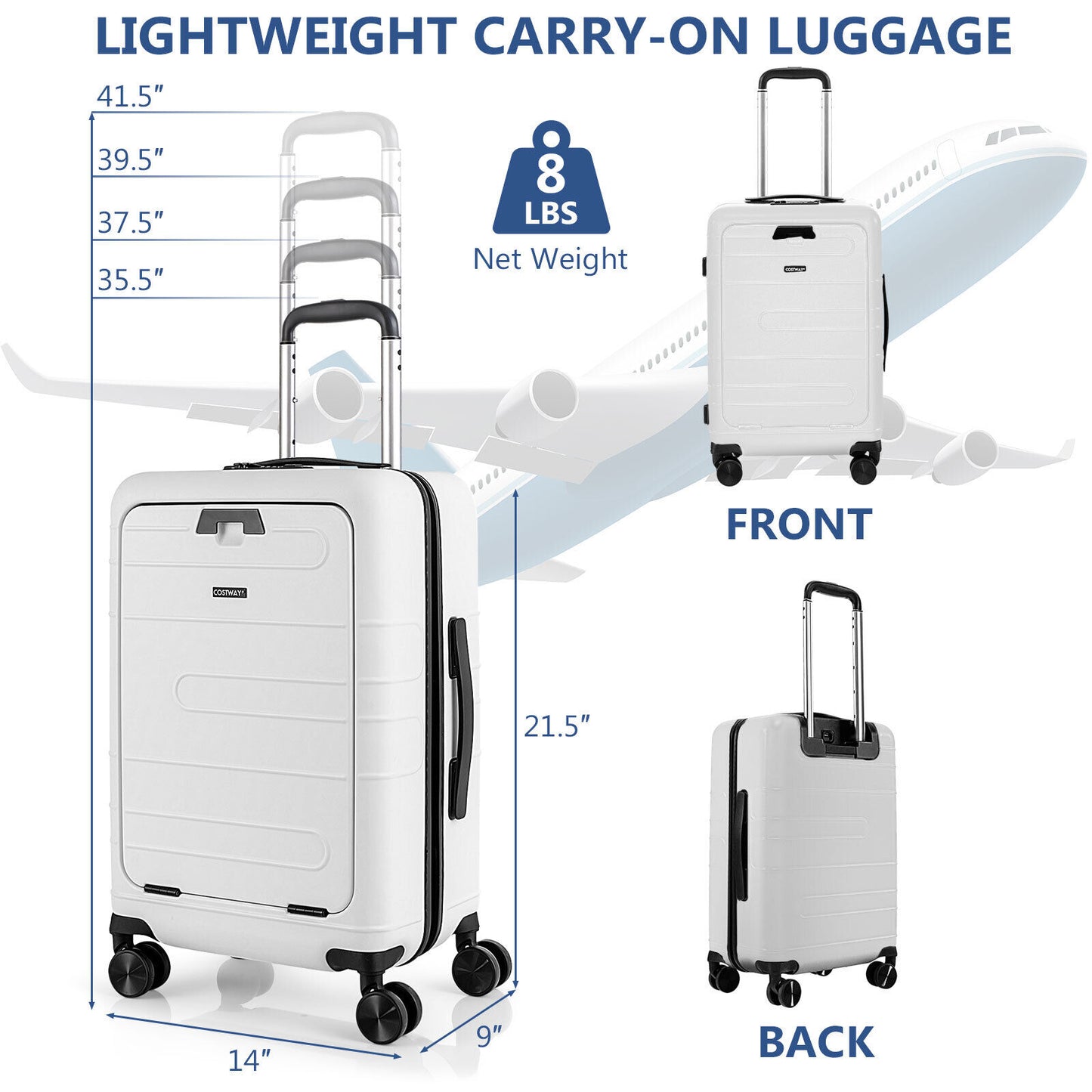 20 Inch Carry-on Luggage PC Hardside Suitcase TSA Lock with Front Pocket and USB Port-White Kids Crystal
