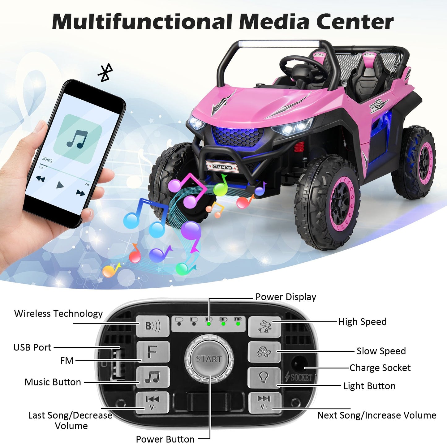 12V 2-Seater Kids Ride on UTV with Slow Start Function Music-Pink Kids Crystal
