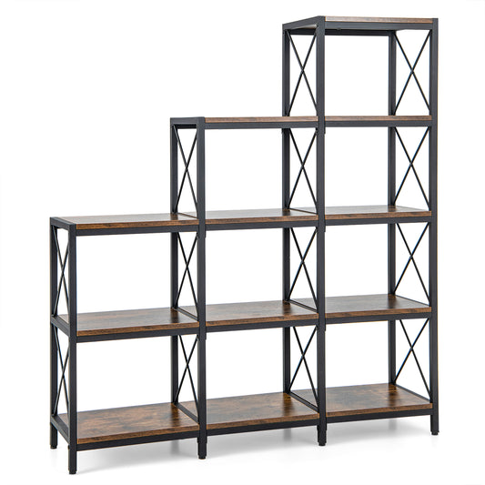 9 Cubes Bookcase with Carbon Steel Frame for Home Office-Rustic Brown Kids Crystal