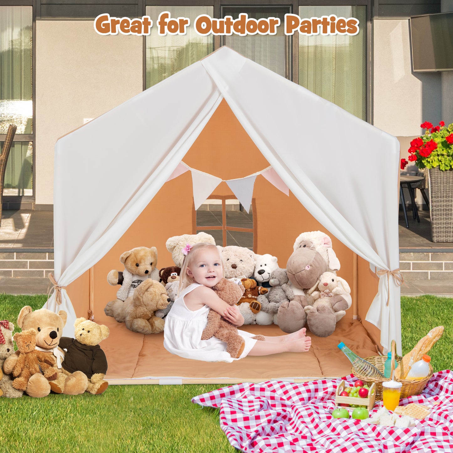 Kid's Play Tent with Washable Cotton Mat and Flag Banner-Orange Kids Crystal