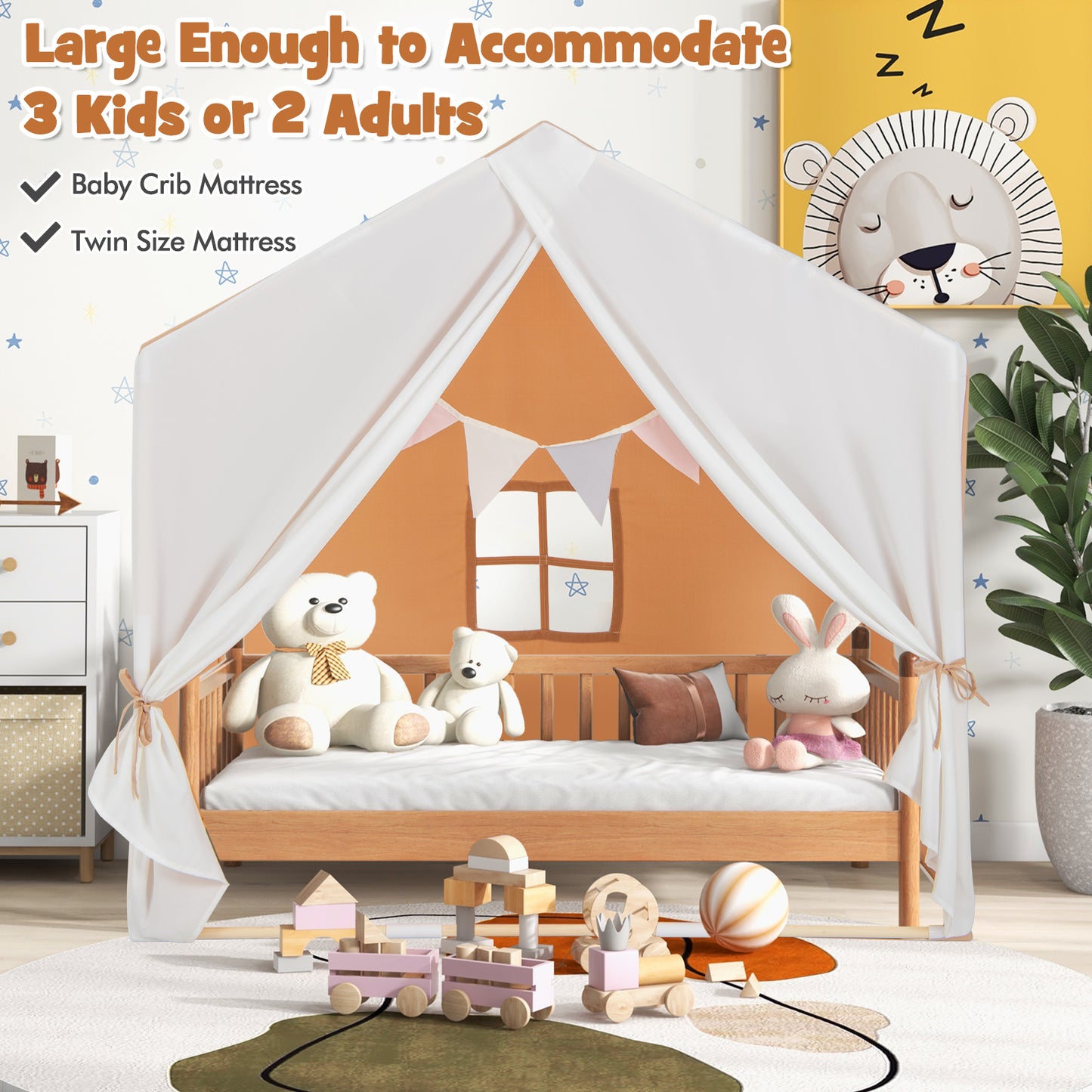 Kid's Play Tent with Washable Cotton Mat and Flag Banner-Orange Kids Crystal