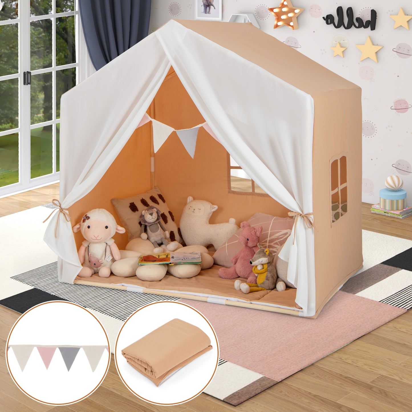 Kid's Play Tent with Washable Cotton Mat and Flag Banner-Orange Kids Crystal