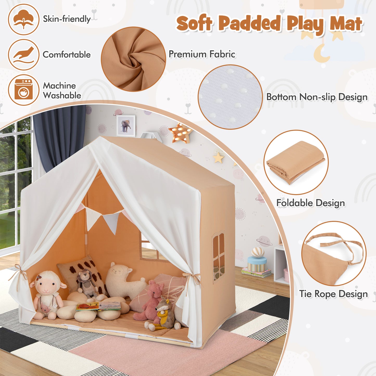 Kid's Play Tent with Washable Cotton Mat and Flag Banner-Orange Kids Crystal