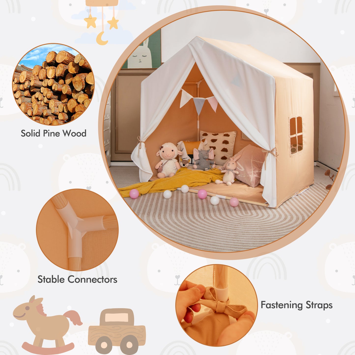 Kid's Play Tent with Washable Cotton Mat and Flag Banner-Orange Kids Crystal