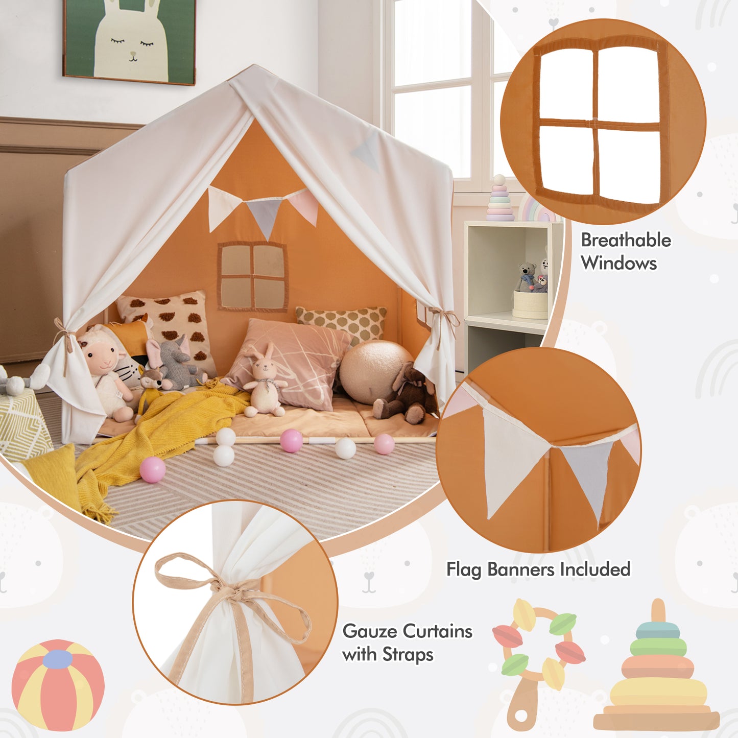 Kid's Play Tent with Washable Cotton Mat and Flag Banner-Orange Kids Crystal