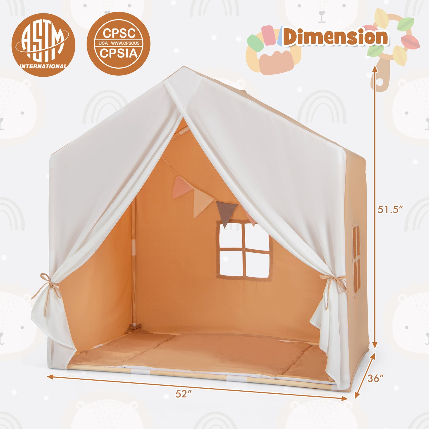 Kid's Play Tent with Washable Cotton Mat and Flag Banner-Orange Kids Crystal