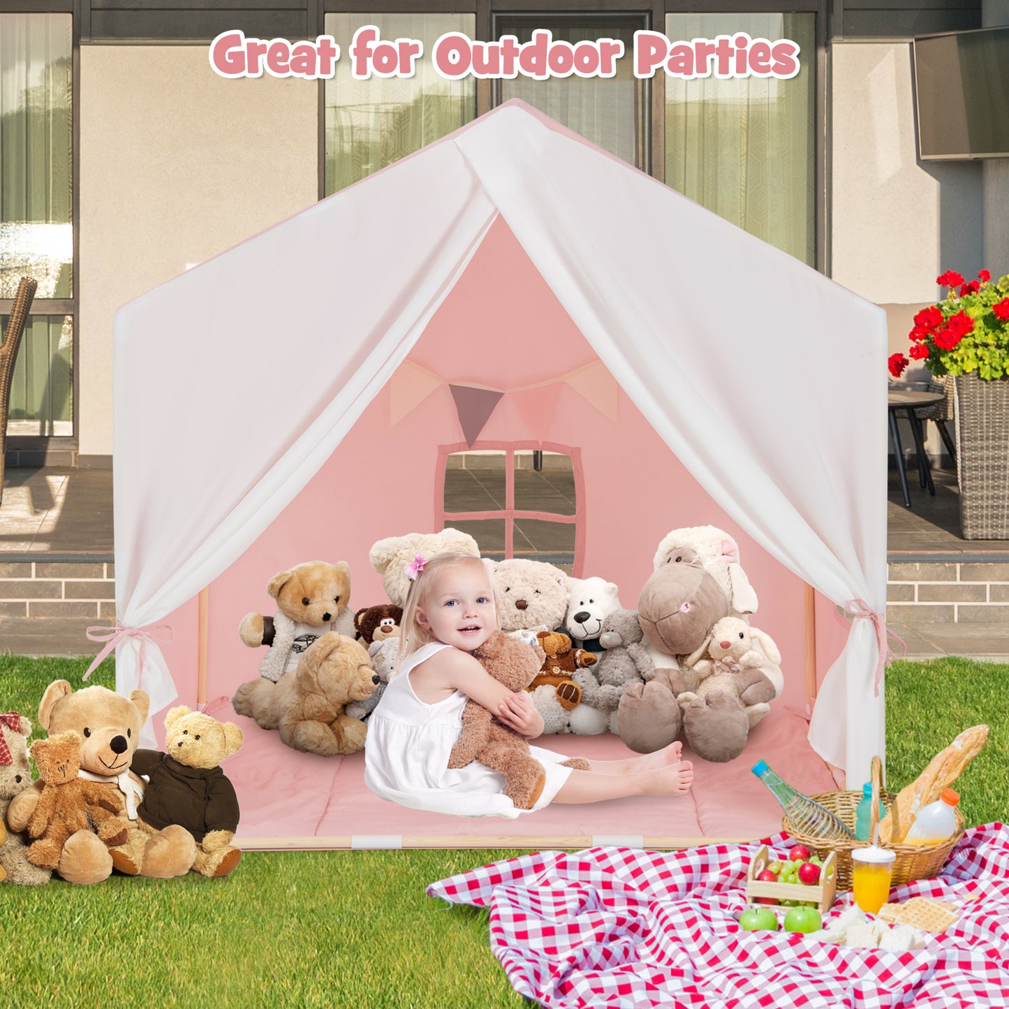 Kid's Play Tent with Washable Cotton Mat and Flag Banner-Pink Kids Crystal