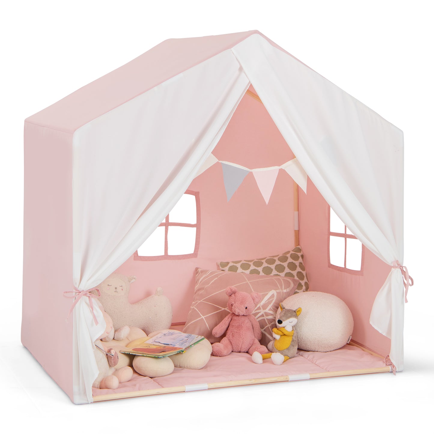 Kid's Play Tent with Washable Cotton Mat and Flag Banner-Pink Kids Crystal