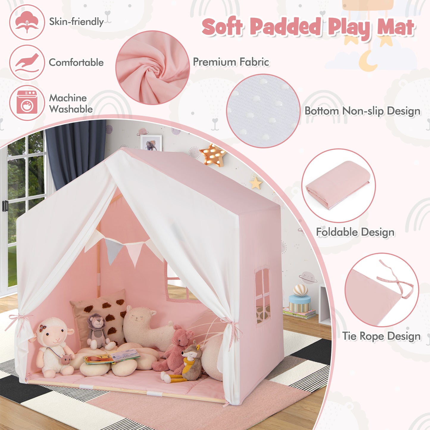 Kid's Play Tent with Washable Cotton Mat and Flag Banner-Pink Kids Crystal