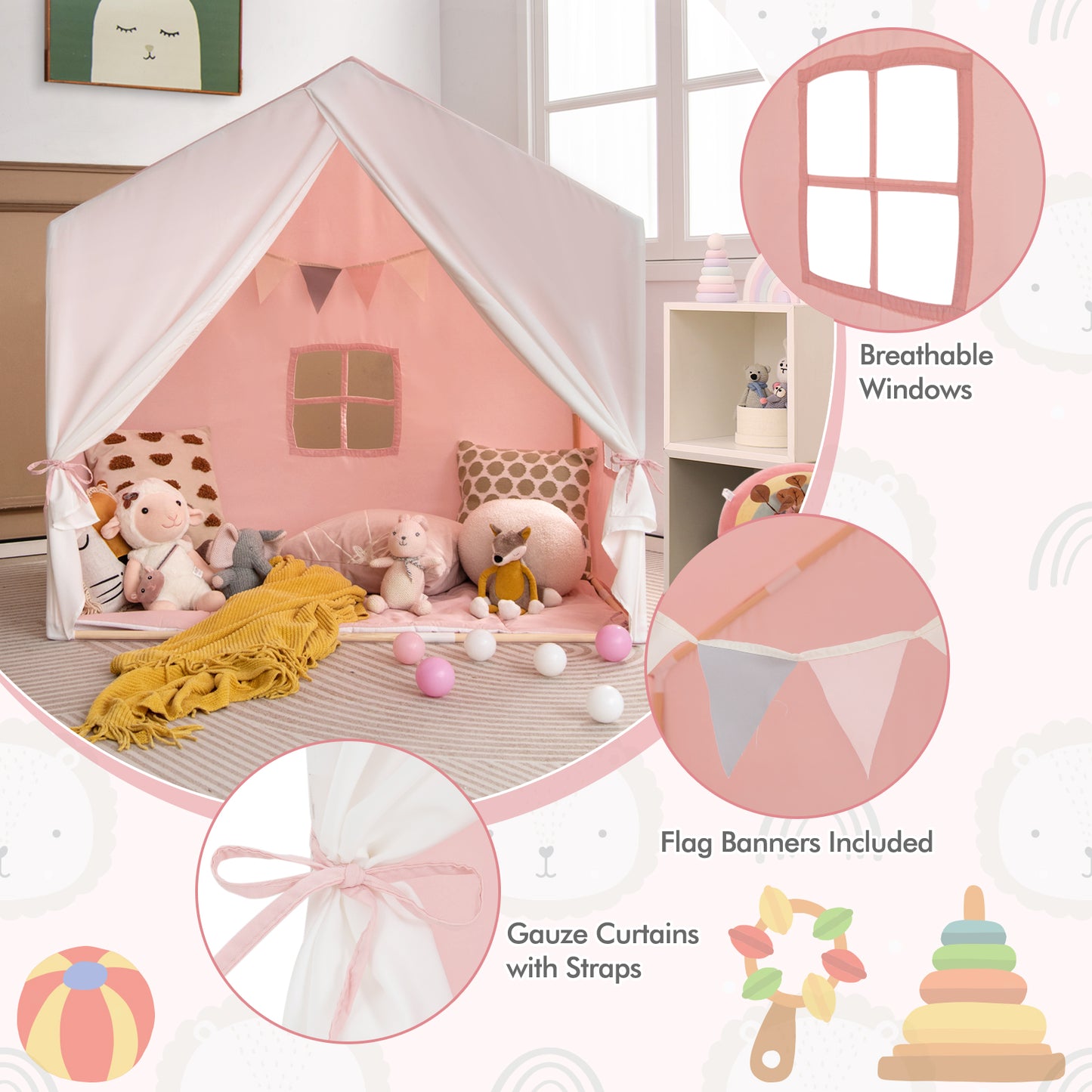 Kid's Play Tent with Washable Cotton Mat and Flag Banner-Pink Kids Crystal