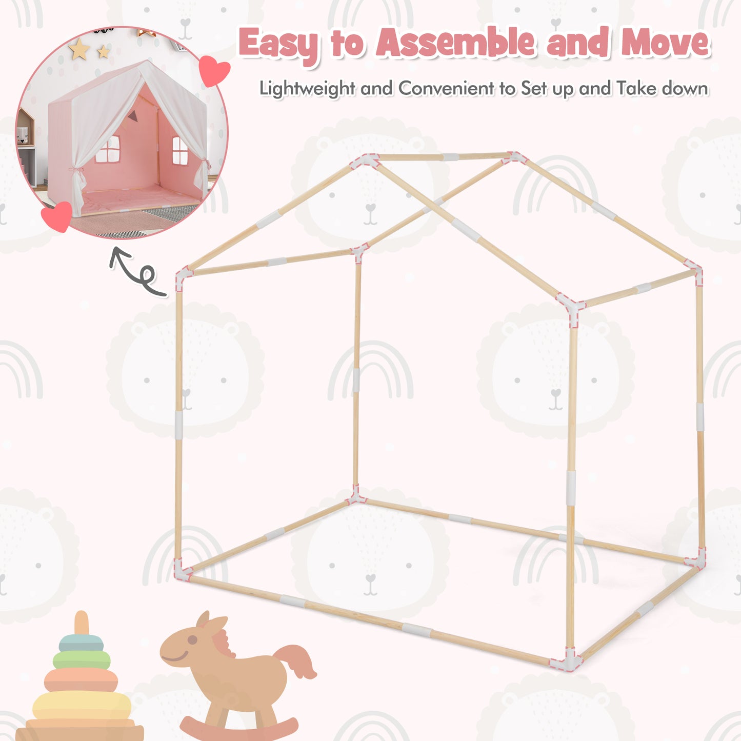 Kid's Play Tent with Washable Cotton Mat and Flag Banner-Pink Kids Crystal