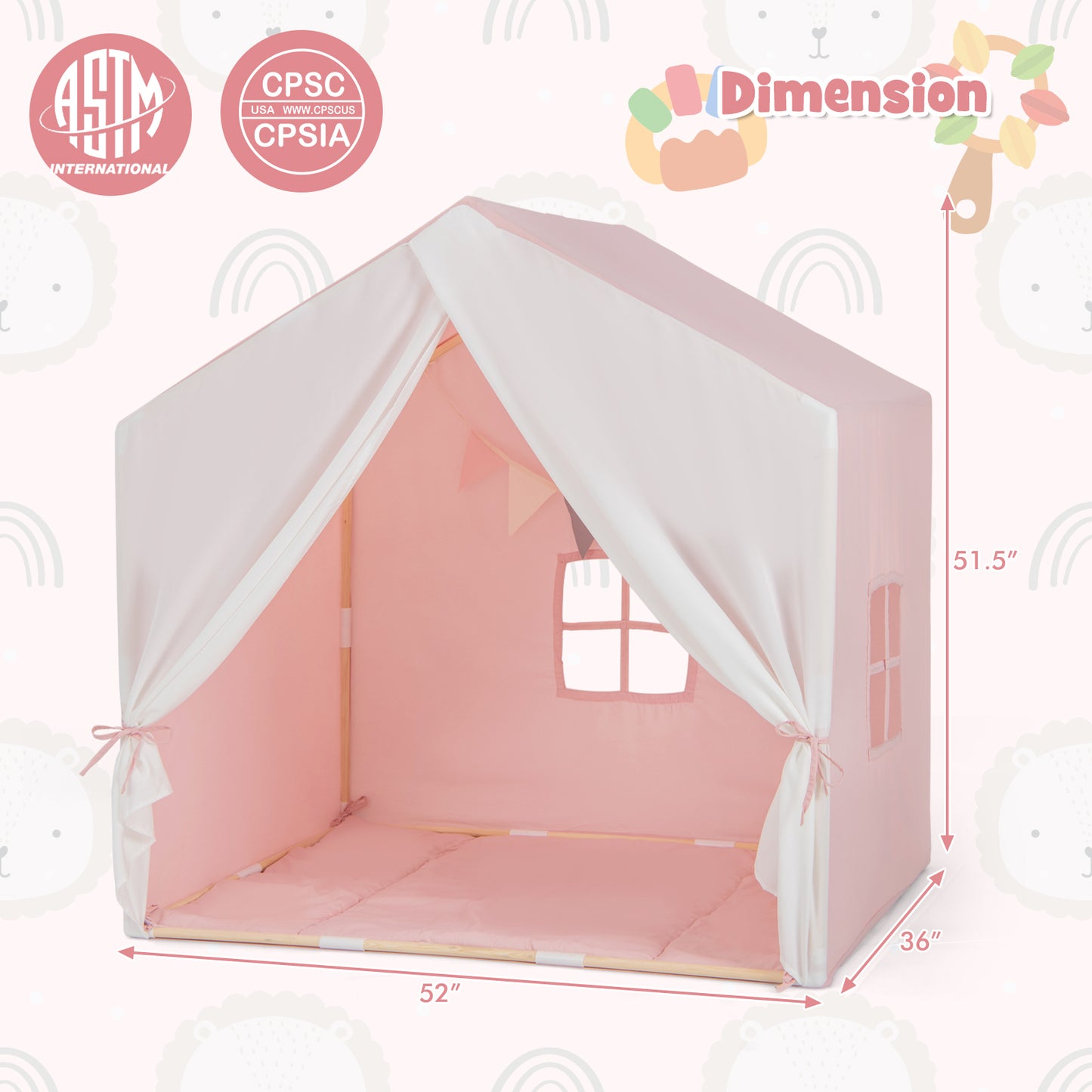 Kid's Play Tent with Washable Cotton Mat and Flag Banner-Pink Kids Crystal