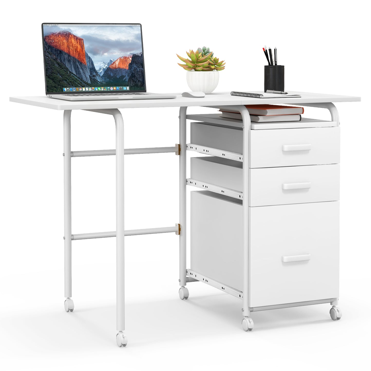 Home Office Folding Computer Laptop Desk Wheeled with 3 Drawers-White Kids Crystal