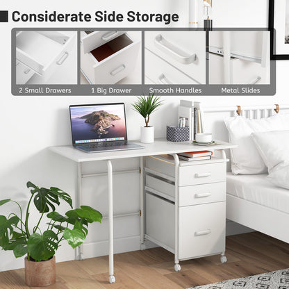 Home Office Folding Computer Laptop Desk Wheeled with 3 Drawers-White