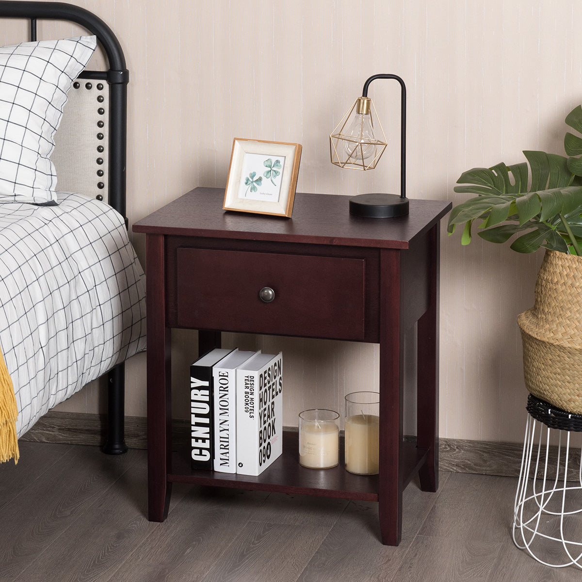 Nightstand with Drawer and Storage Shelf for Bedroom Living Room-Brown Kids Crystal