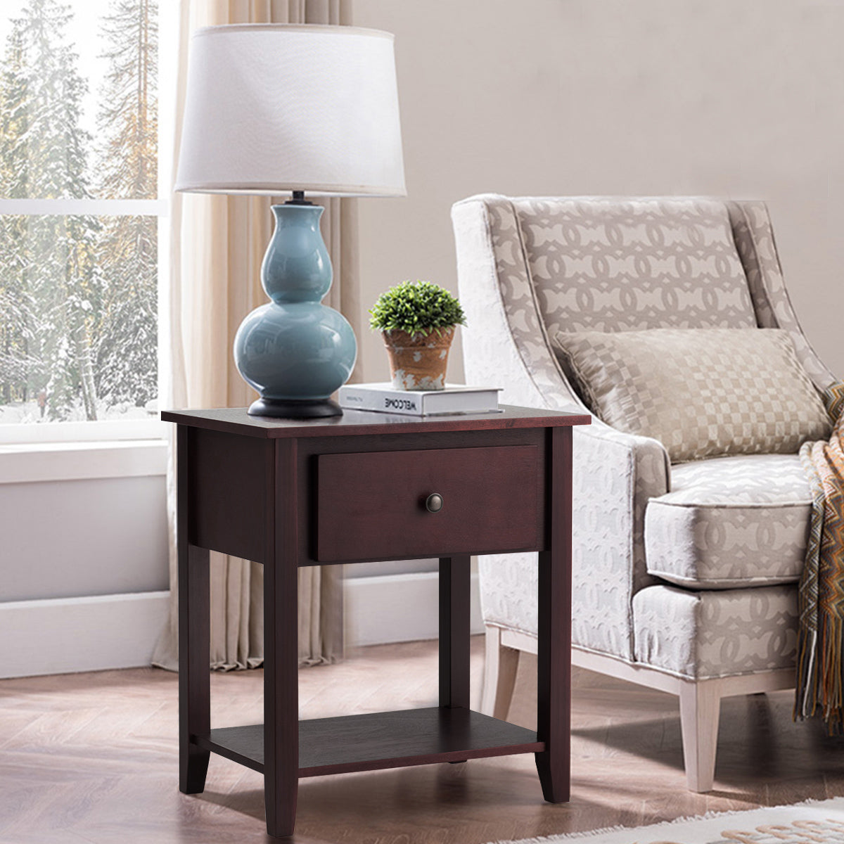 Nightstand with Drawer and Storage Shelf for Bedroom Living Room-Brown Kids Crystal