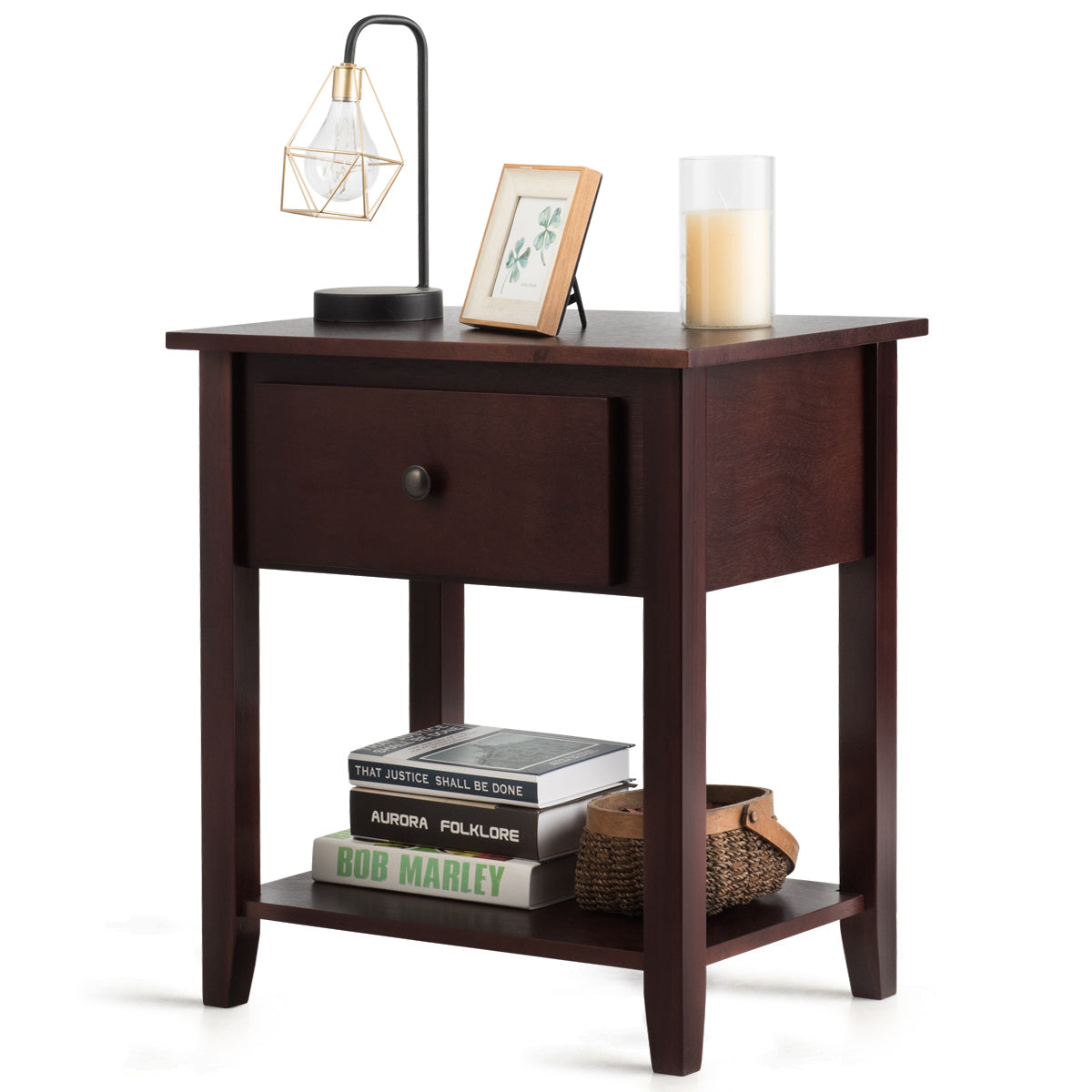 Nightstand with Drawer and Storage Shelf for Bedroom Living Room-Brown Kids Crystal