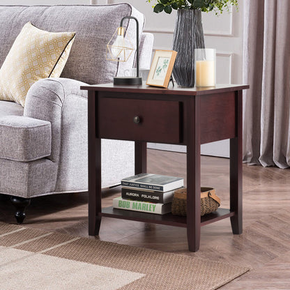 Nightstand with Drawer and Storage Shelf for Bedroom Living Room-Brown