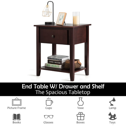 Nightstand with Drawer and Storage Shelf for Bedroom Living Room-Brown