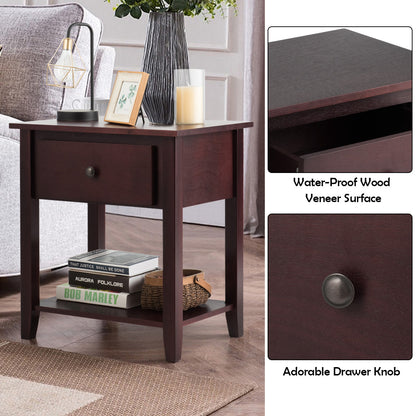Nightstand with Drawer and Storage Shelf for Bedroom Living Room-Brown