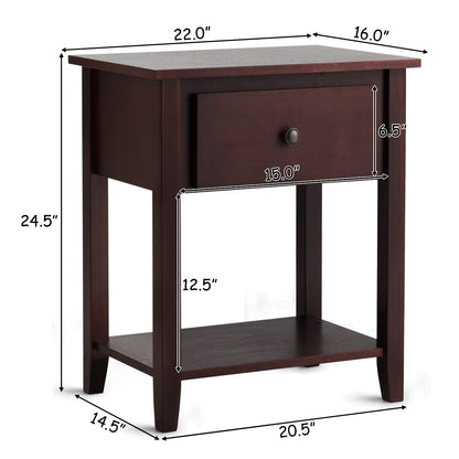 Nightstand with Drawer and Storage Shelf for Bedroom Living Room-Brown
