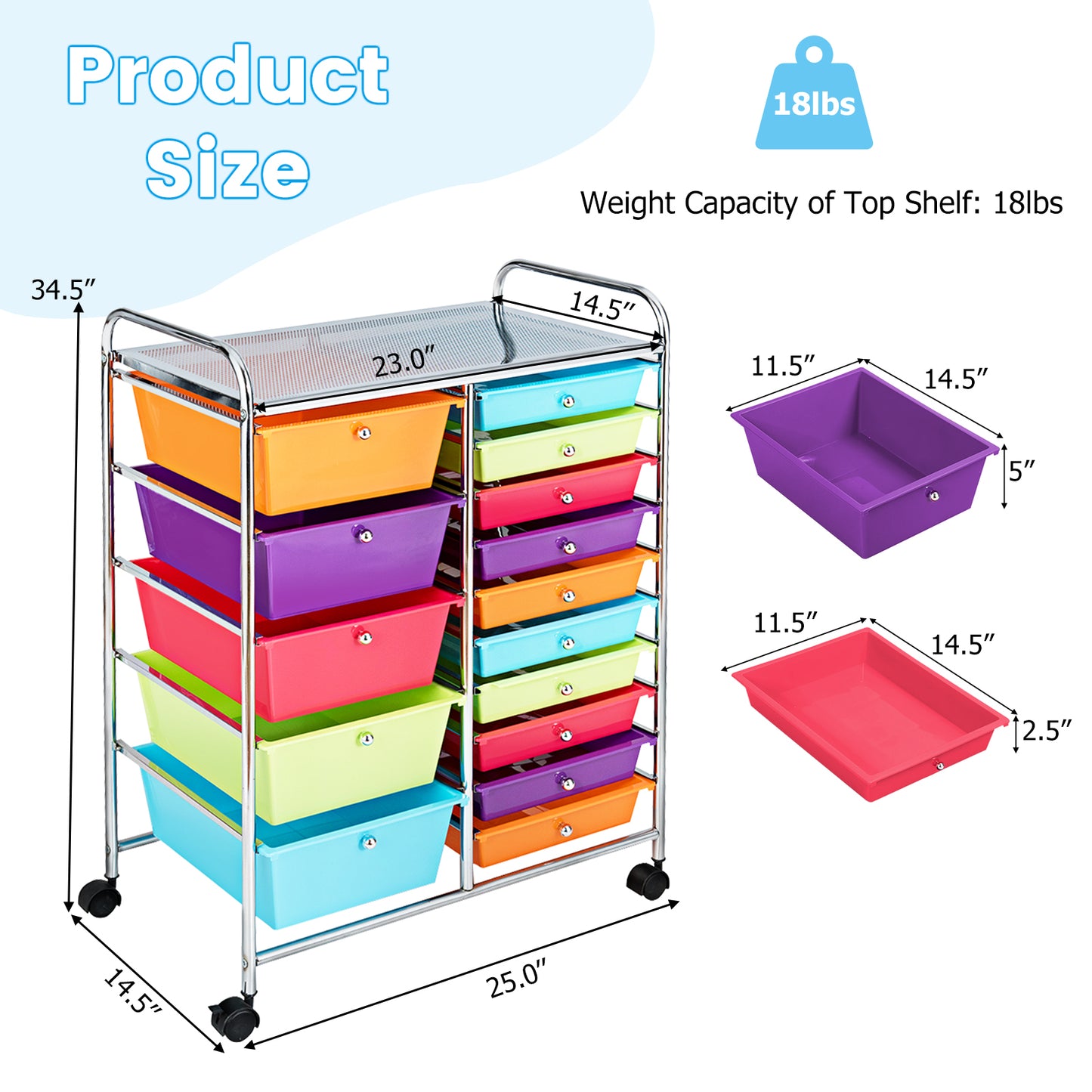 15-Drawer Utility Rolling Organizer Cart Multi-Use Storage-Multicolor Kids Crystal