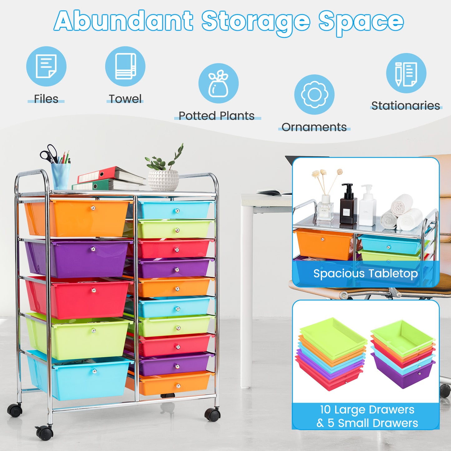 15-Drawer Utility Rolling Organizer Cart Multi-Use Storage-Multicolor Kids Crystal