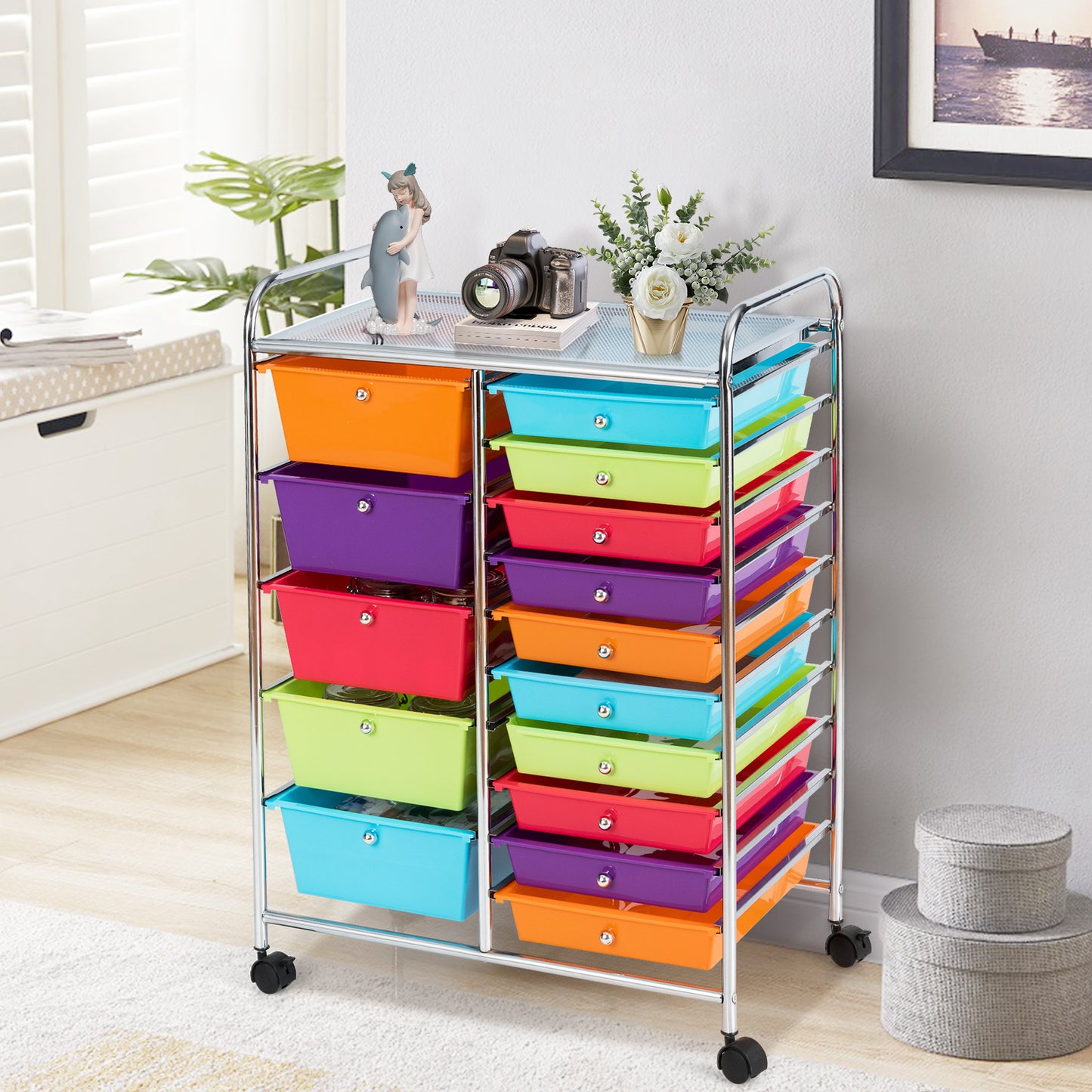 15-Drawer Utility Rolling Organizer Cart Multi-Use Storage-Multicolor Kids Crystal