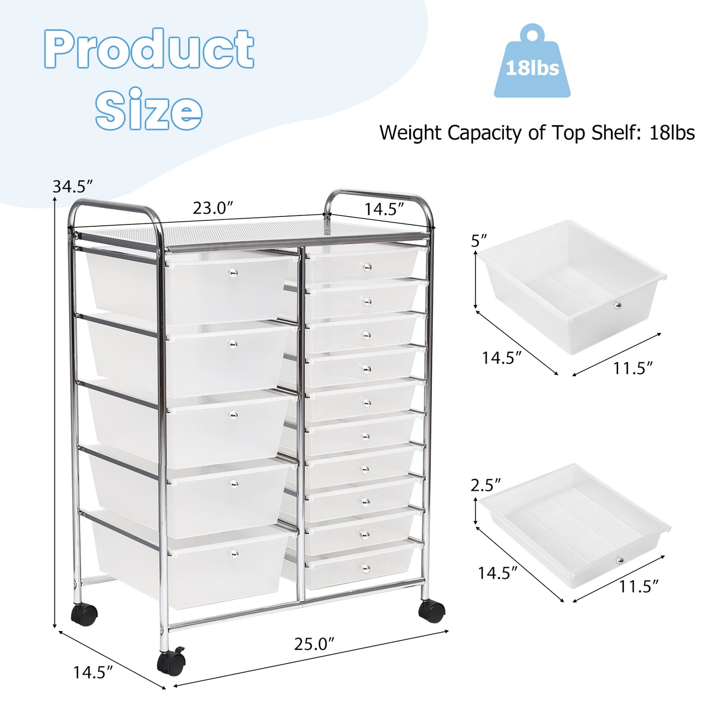 15-Drawer Utility Rolling Organizer Cart Multi-Use Storage-Clear Kids Crystal