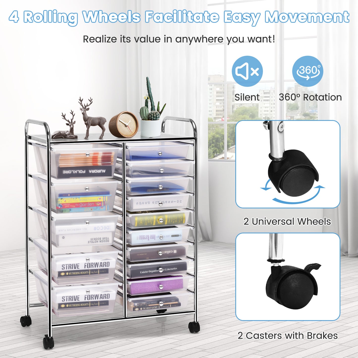 15-Drawer Utility Rolling Organizer Cart Multi-Use Storage-Clear Kids Crystal
